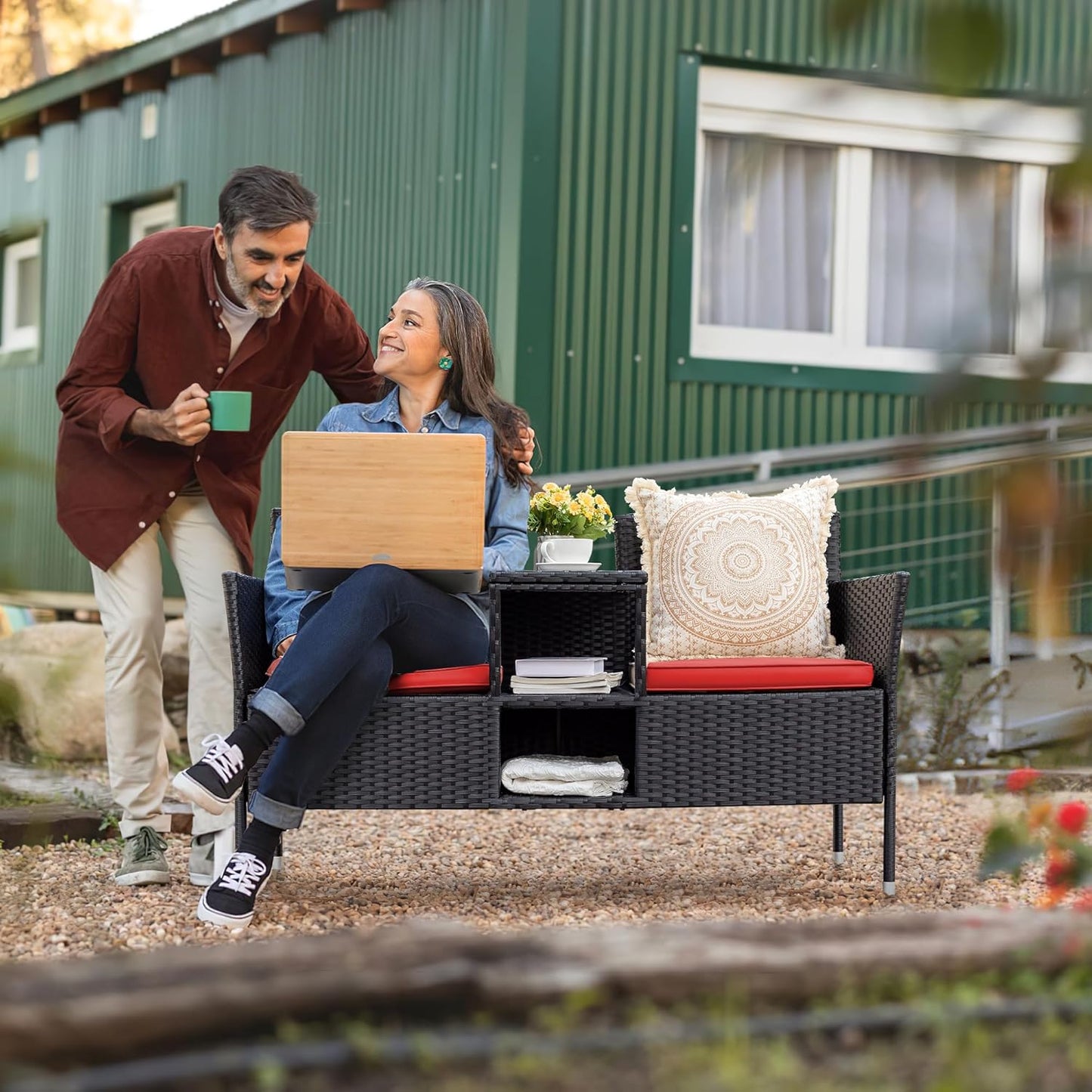 Flamaker Outdoor Furniture Patio Loveseat Wicker 2-Seat with Built-in Table and Cushions Rattan Porch Chairs Bench for Balcony, Lawn, Backyard (Red)