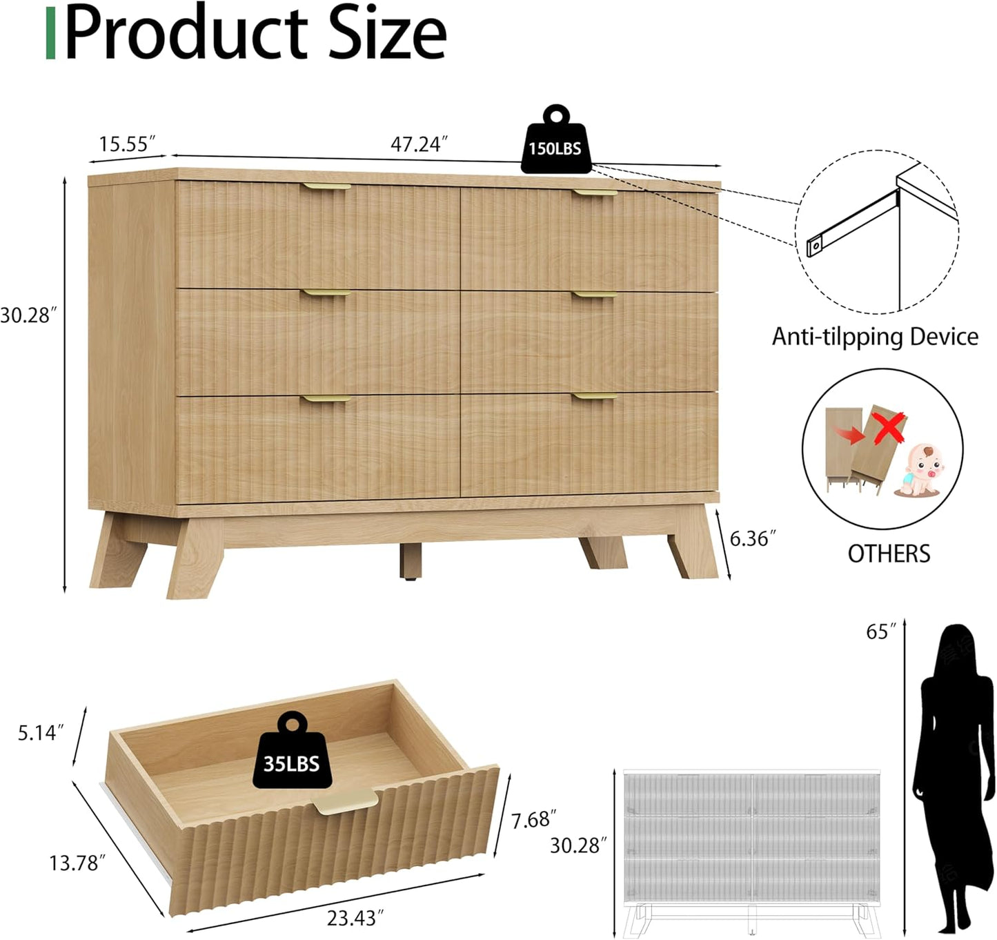 Fluted Dresser for Bedroom with 6 Drawers, 48" Wide Modern Chest of Drawers with Metal Handle, Wooden Dresser TV Stand, Wood Closet Clothes Storage Organizer for Living Room, Hallway, Natural Oak