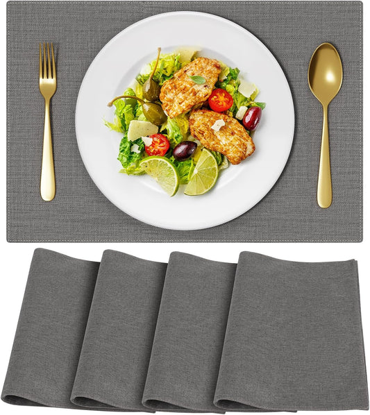 Cloth Placemats, Set of 4 Heat-Resistant Cotton Linen Blend Double Layered Machine Washable Place Mats, Wrinkle Free Thick Fabric Dining Table Mats for Indoors & Outdoors (Dark Grey, 4)