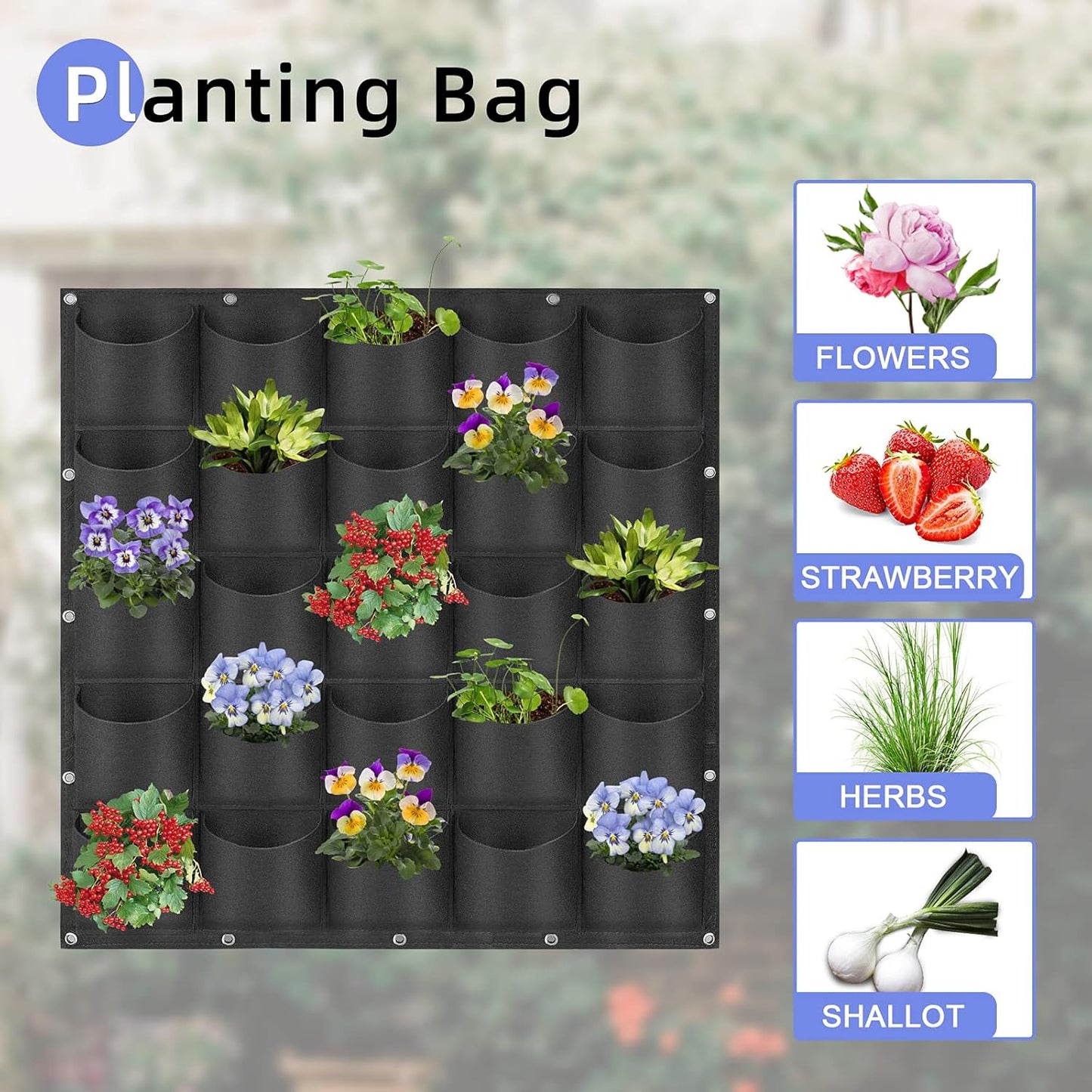 25 Pockets Hanging Planter Bags, Hanging Vertical Wall Mounted Plant Planting Grow Bags, Herb Garden Planter Outdoor Indoor Growing Bag, Gardening Vertical Greening Flower Container(1m×1m, Black)