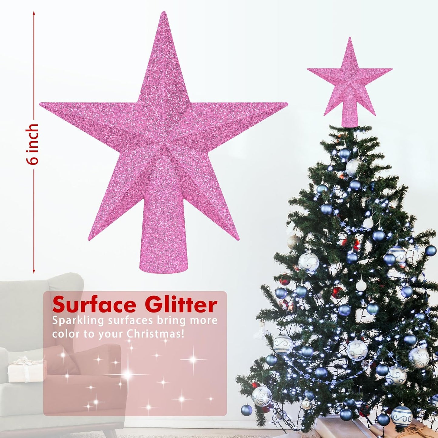 Christmas Tree Decoration, 6" Pink Christmas Tree Topper Star Accessories, Xmas Glitter 3D Bethlehem Tree Ornament, Waterproof Holiday Christmas Tree Topper Star Decorations for Home Indoor Outdoor