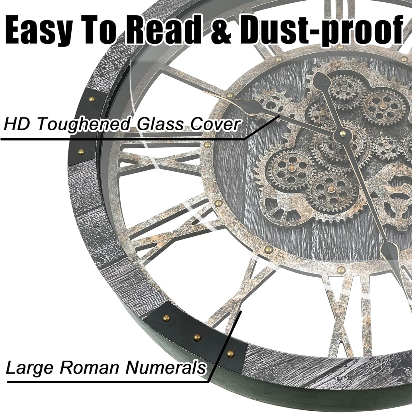 DORBOKER 24" Large Wall Clock with Moving Gears,Oversize Vintage Industrial Rustic Farmhouse Clocks for Living Room Decor Office Home,Solid Wood HD Tempered Glass Cover,Carbon Grey