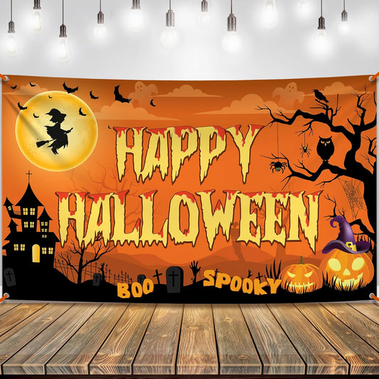 KatchOn Spooky Happy Halloween Banner - XtraLarge, 72x44 Inch | Orange Halloween Photo Backdrop for Decorations & Photography