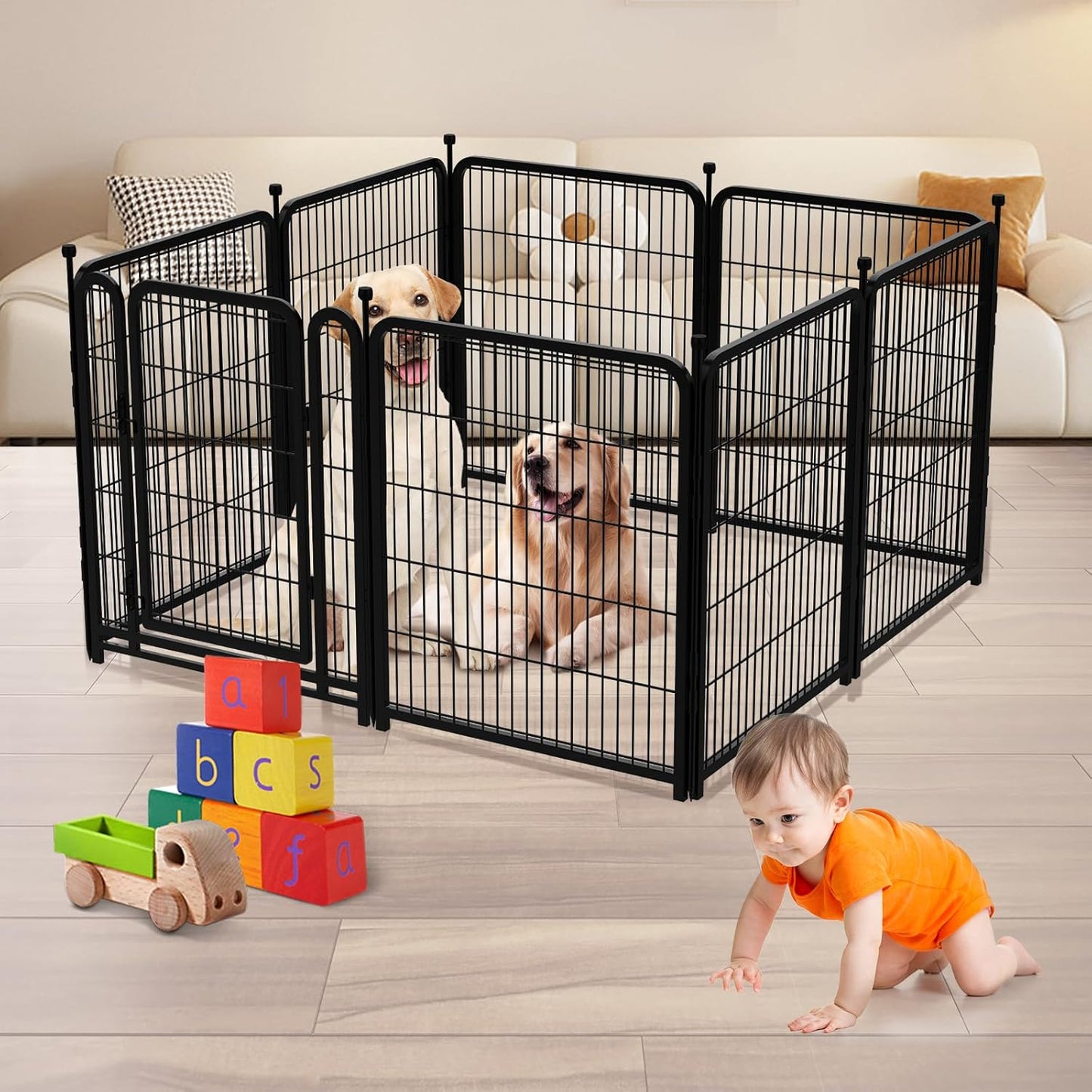 Outdoor Dog Playpen 40inch 14 Panels, Puppy Playpen Indoors, Metal Dog Pen Heavy Duty Pet Puppy Exercise Pen for Rv Camping Garden Yard, Wide Door Low Threshold Pet Fence Total 31 Ft(L)