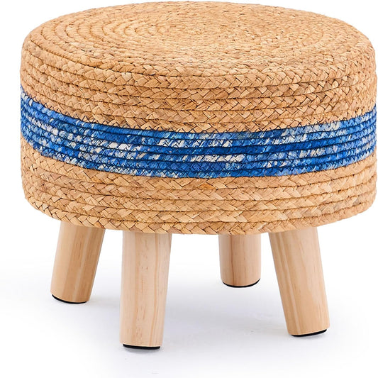 Handwoven Round Ottoman, Natural Water Hyacinth Outdoor Patio Pouf Seagrass Low Stool with Wood Legs, Soft Padded Footrest for Living Room Bedroom Garden, Blue
