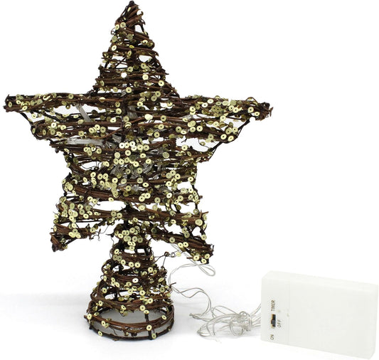 CVHOMEDECO. Rattan Star Christmas Tree Topper with LED Lights, Rustic Farmhouse Style Tree Toppers Ornaments, 8 x 10 Inch