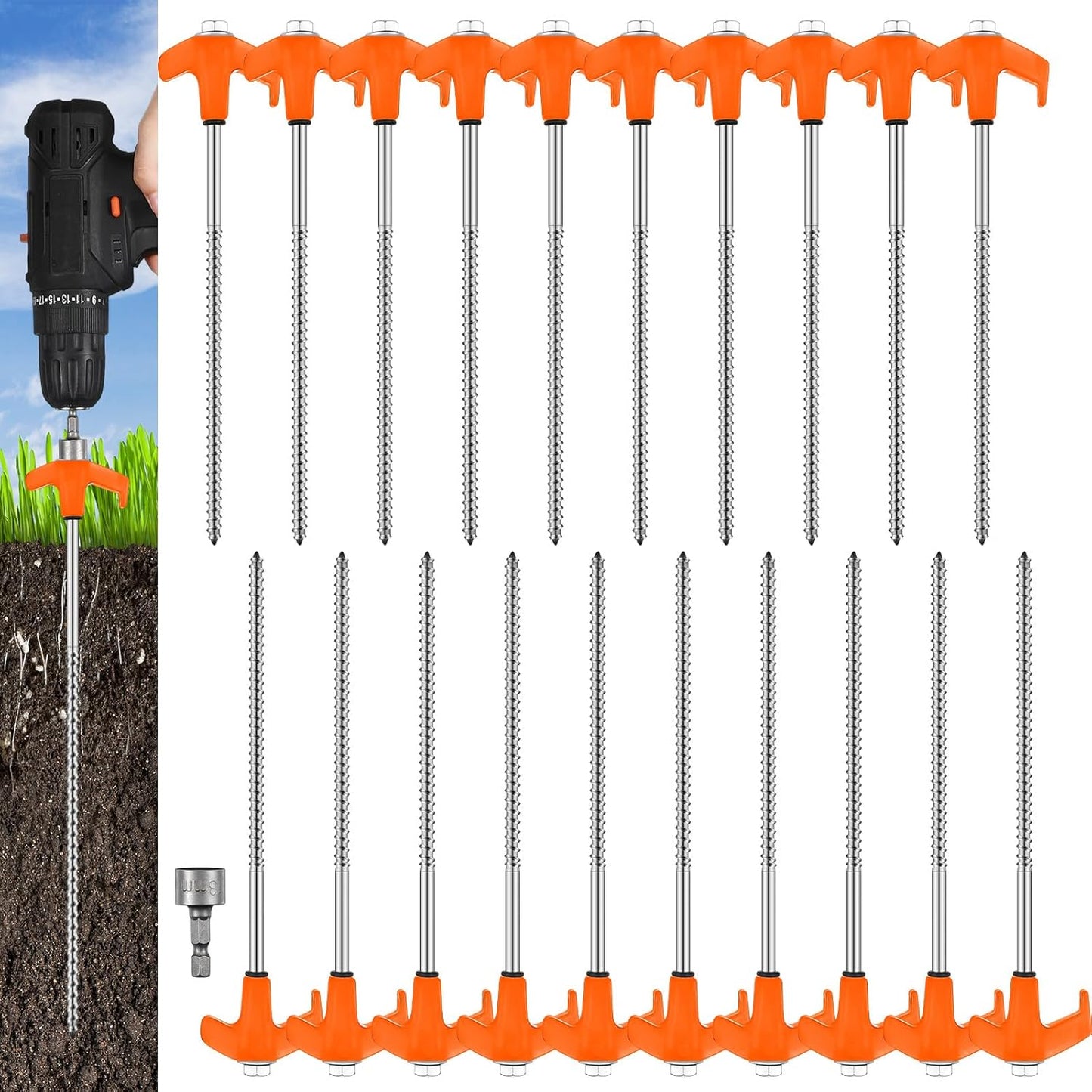 Hicarer 20 Pcs 20 Pcs 8'' Screw in Tent Stakes Heavy Duty Ground Metal Stakes for Inflatables with Hex Head Driver for Outdoor Camping Tent Inflatable Garden Decor (Orange)