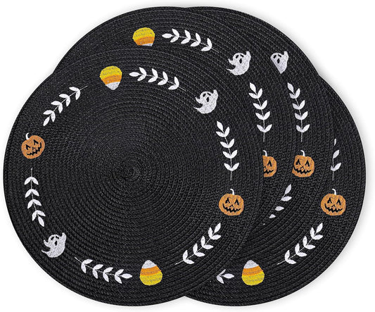 Whaline 4Pcs Round Halloween Placemats Embroidered Ghost Pumpkin Candy Corn Place Mats Black Spooky Dinner Table Mats for Halloween Party Decor