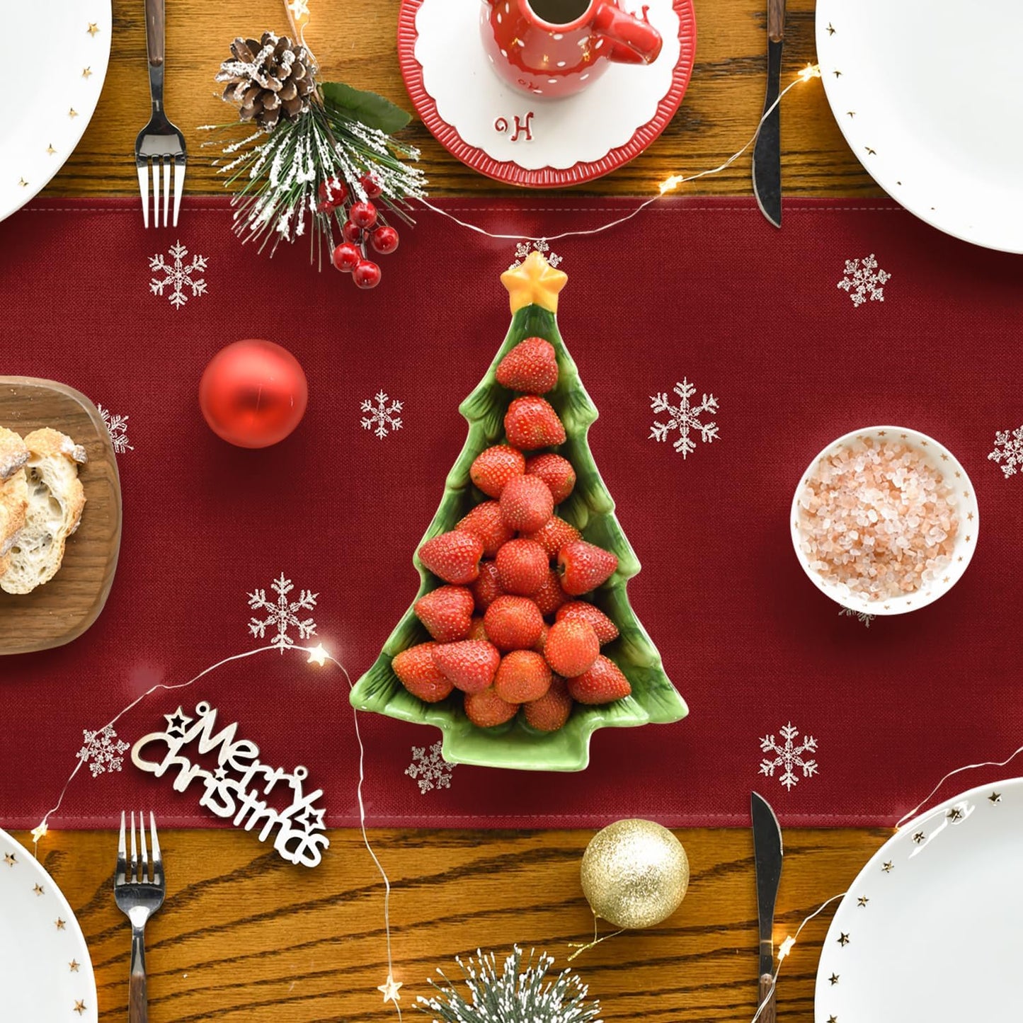 Artoid Mode Xmas Trees Snowflakes Red 210 GSM Merry Christmas Table Runner, Winter Kitchen Dining Table Decoration for Home Party Decor 13x120 Inch