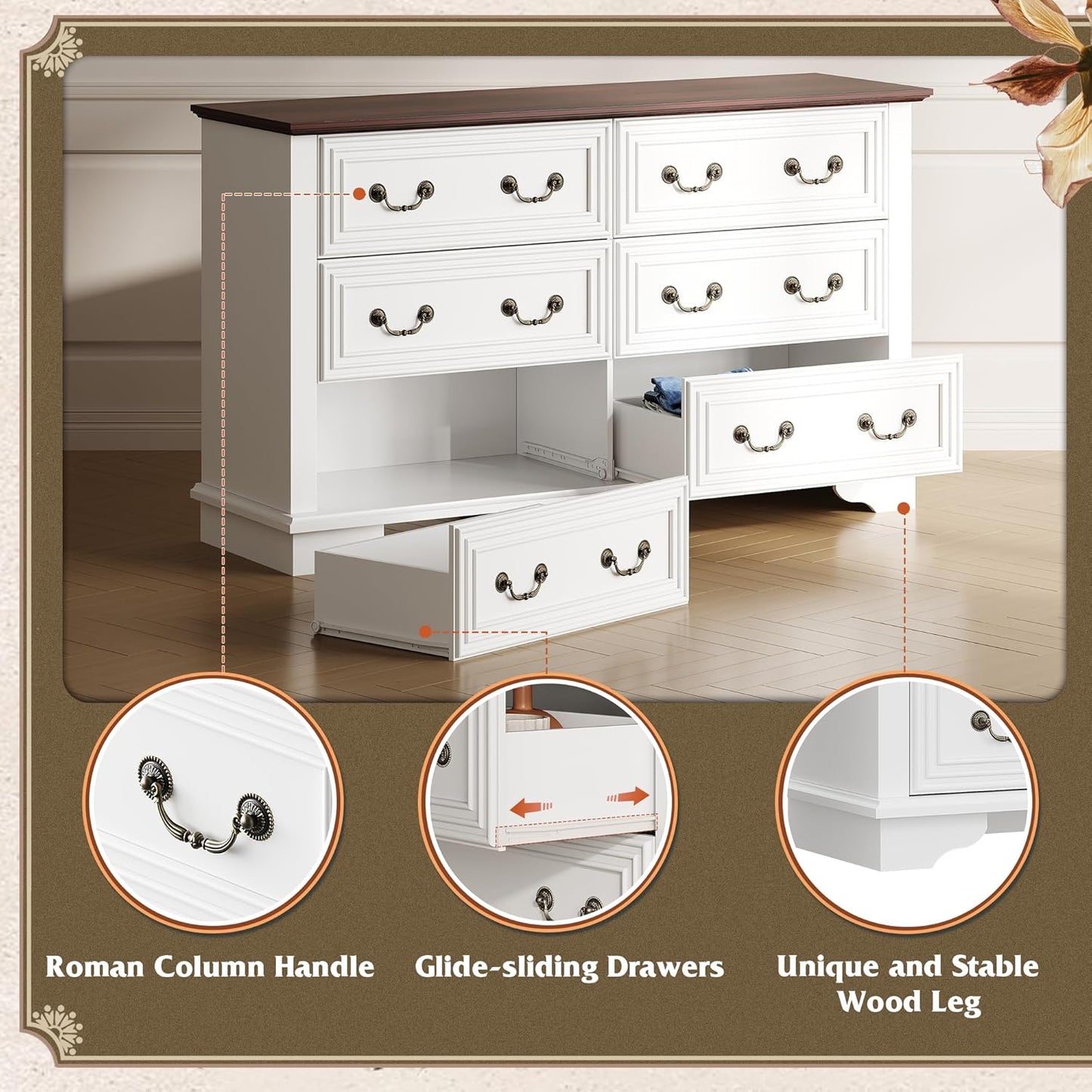 WLIVE Farmhouse Dresser for Bedroom, 51.97'' Wide Wood White Dresser with 6 Drawer, Chest of Drawers with Roman Metal Handle, TV Stand for 60 inch TV, for Living Room, Hallway