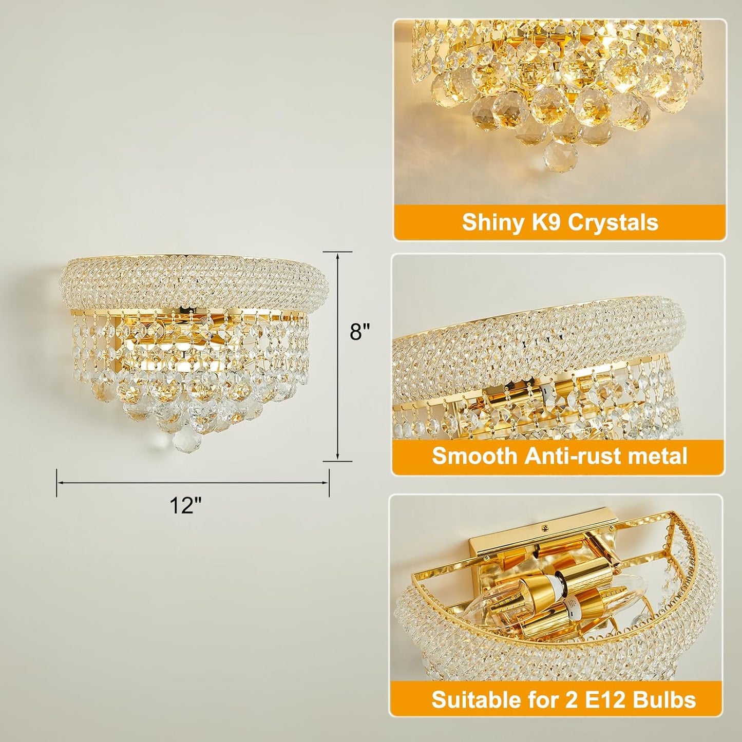 Empire Crystal Wall Sconces, Gold Wall Light Fixtures, Luxury Wall Lamp for Living Room Bedroom Bathroom Bedside Hallway Stairway