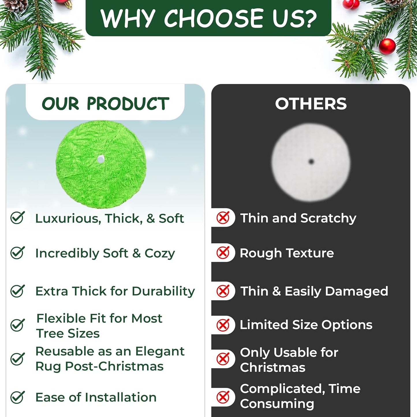 AOGU 60 Inch Faux Fur Christmas Tree Skirt Green Plush Skirt for Merry Christmas Party Christmas Tree Decoration