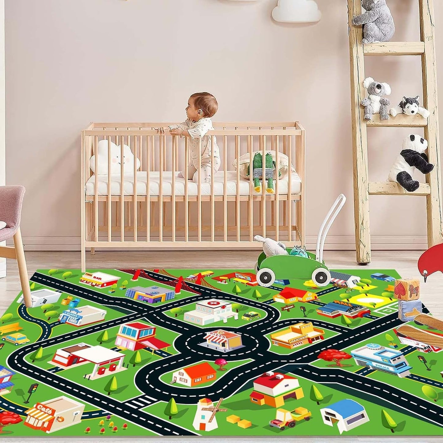 Kids Rug Car Rugs for Kids Toy Cars Play Mat with Rubber Backing City Life Road Rug for Cars Fun City Map for Carpet for Bedroom Boys (RED-Rug, 3.3x4.9ft)