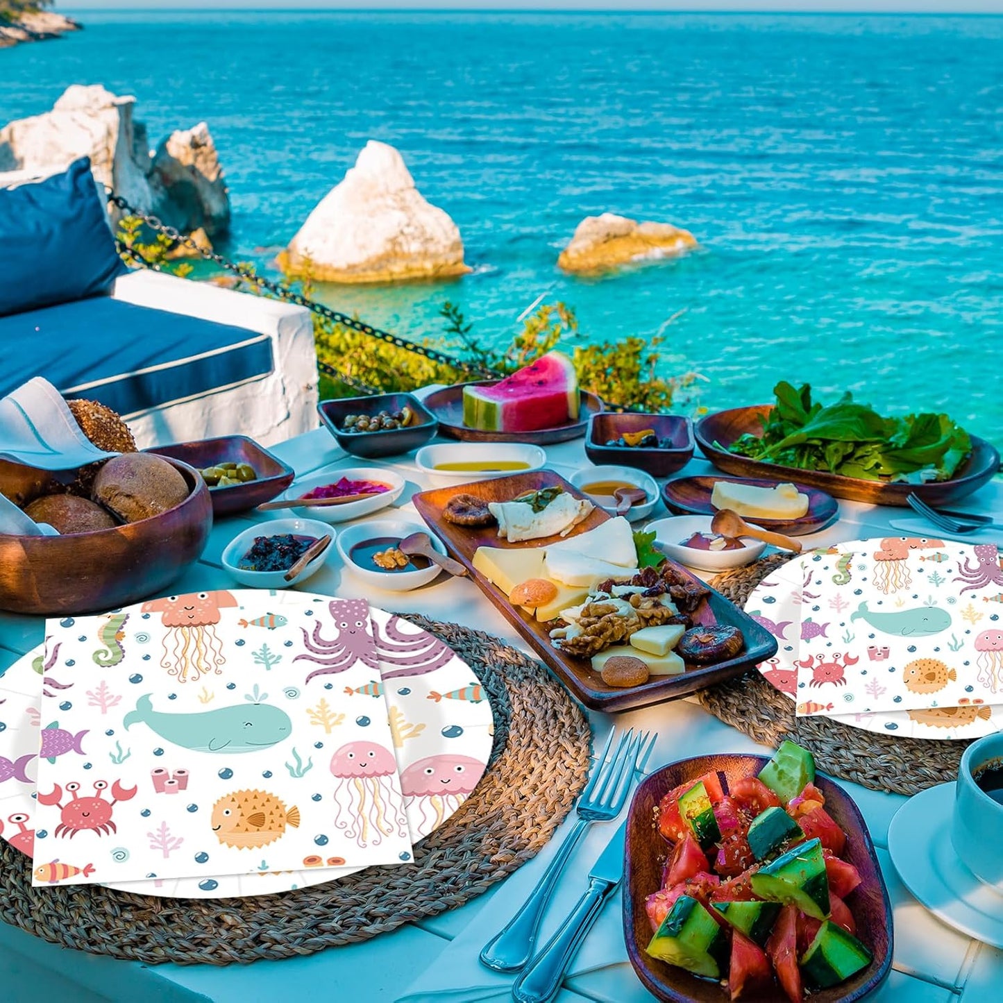 40 pcs summer pool Party Paper Plates and Napkins Disposable Party Decorations White Ocean 9 inch 20 pcs luau tropical Dessert Plates & 20 pcs Napkins Tableware for Fruit Cake