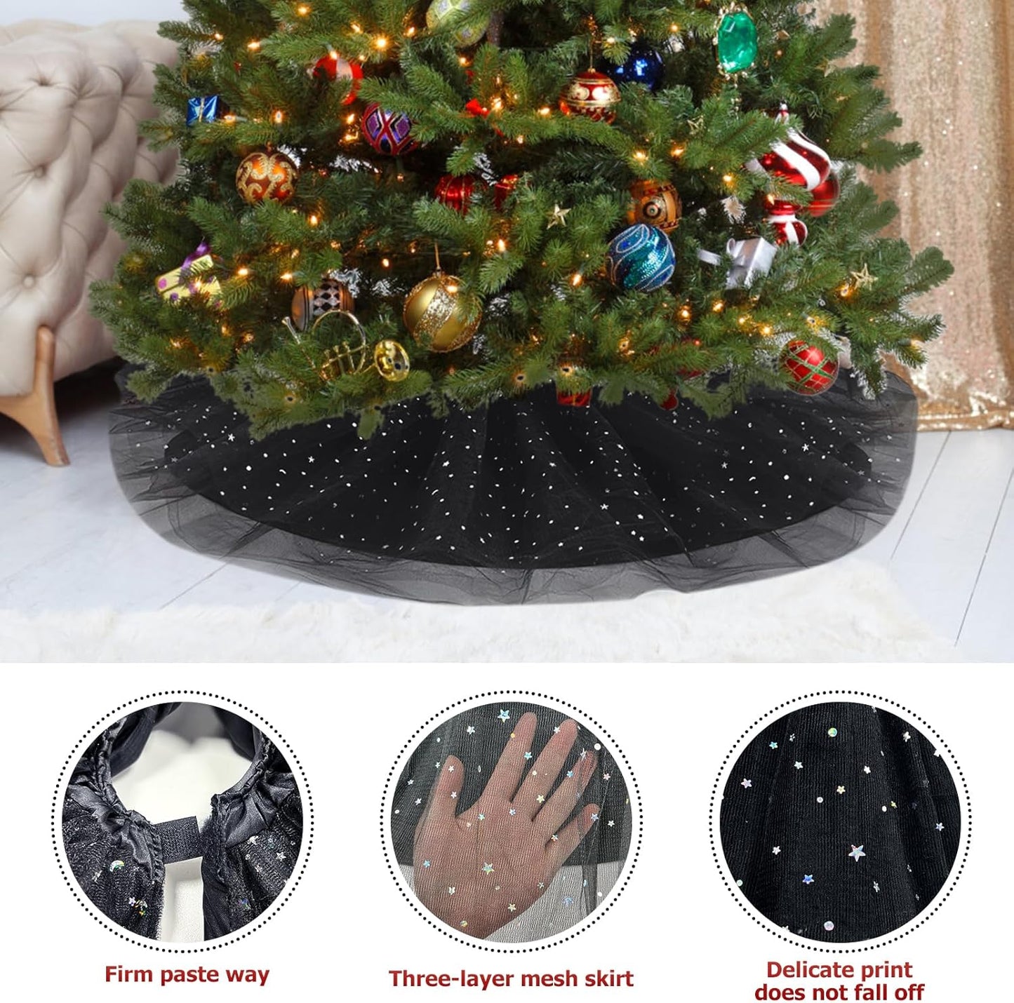 Christmas Wedding Tree Skirt,45 inch 4-Layer Fluffy Romantic Pleated Sparkly Halloween Skirt Decoration Xmas Tree Ornament for Holiday and Party(Black)