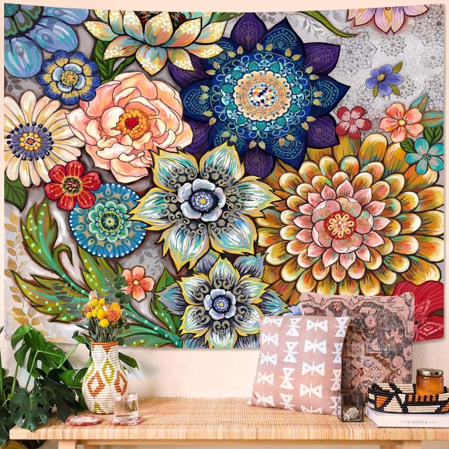 Neasow Colorful Floral Tapestry Wall hanging, Bright Boho Fabric Blossom Tapestries, Multi Color Tapestry for Bedroom Home Hippie Wall Decor 60×80 inch