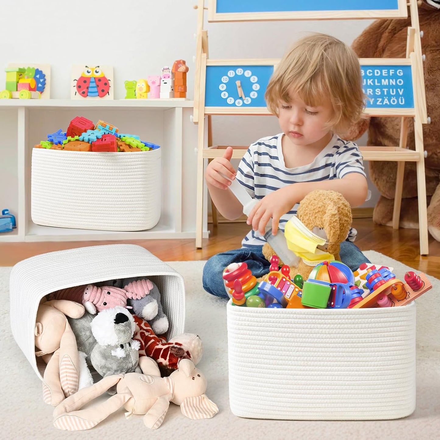 3-Pack Shelf Baskets for Organizing, Woven Storage Basket for Shelves, Cotton Rope Storage Bins for Toys Books, Nursery Towel Baskets for Classroom, 14.96"X9.8"X8.85", White