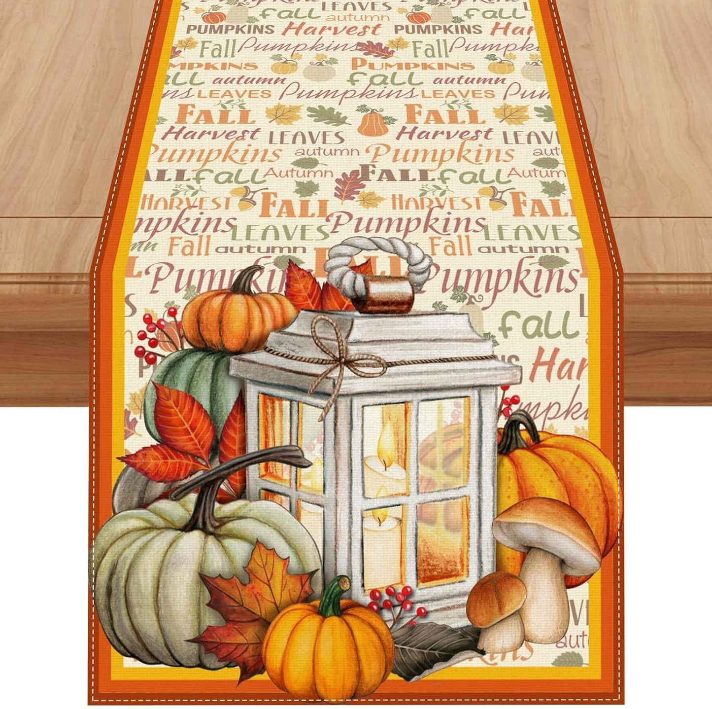 Linen Fall Table Runner - 90 Inch Farmhouse Fall Leaves Pumpkin Decor for Autumn Thanksgiving Home Kitchen Dining Room