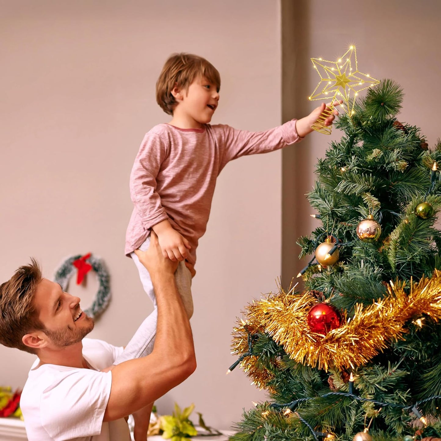 ODEERTONIC Gold Star Tree Topper, 8in Triple Layer Hollow-Out Star Tree Topper, 10 LED Warm White Christmas Tree Topper, Treetop Battery Chirstmas Tree-Top Lights for Xmas Tree Home Holiday