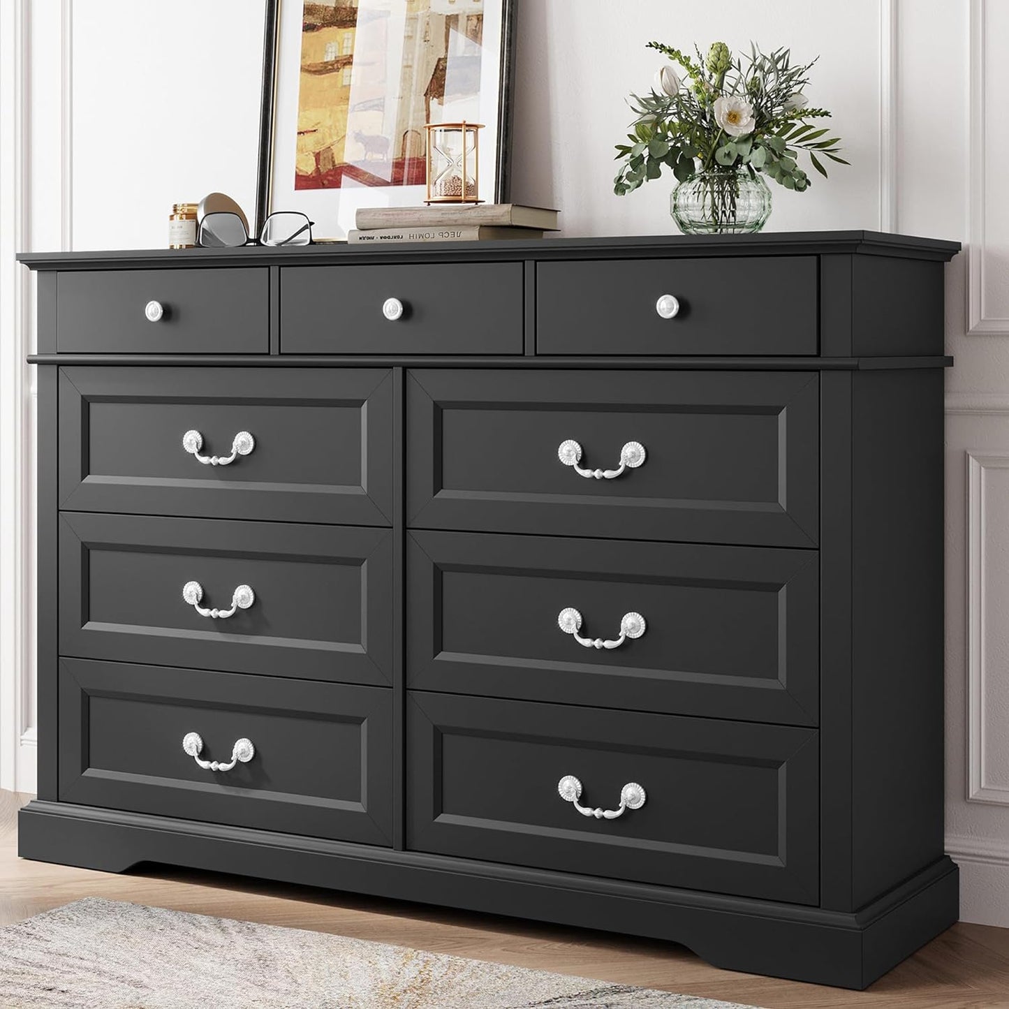 LINSY HOME 9 Drawers Dresser for Bedroom, Wood Modern Farmhouse Drawer Chest, Tall Black Dresser for Closet, Large Dressers with Storage Organizer for Living Room, Closet, Hallway