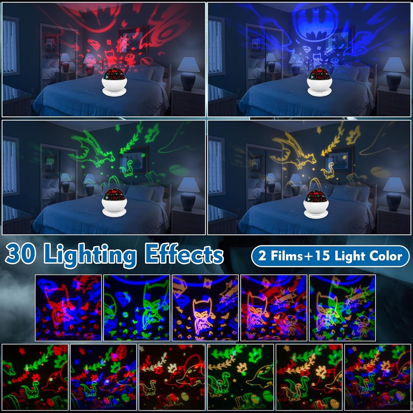 Batman Night Light Projector for Boy,Kids Night Lights with Batman and Dinosaur Theme,360 Degree Rotation,15 Mode Color Changing,Birthday Gift Toys