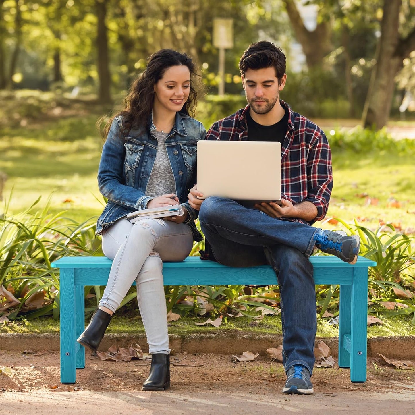 Outdoor Bench, 2-Person Poly Lumber Garden Bench, All-Weather Patio Bench Will not Rot and Fade for Garden, Porch, Backyard and Park, Easy Installation, Blue