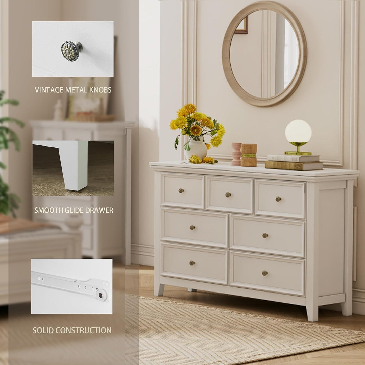 BLANKSPACE White 7 Drawer Dresser, Modern Dresser for Bedroom, Wood Drawer Organizer with Metal Knobs, Large Capacity Wood Cabinet for Bedroom