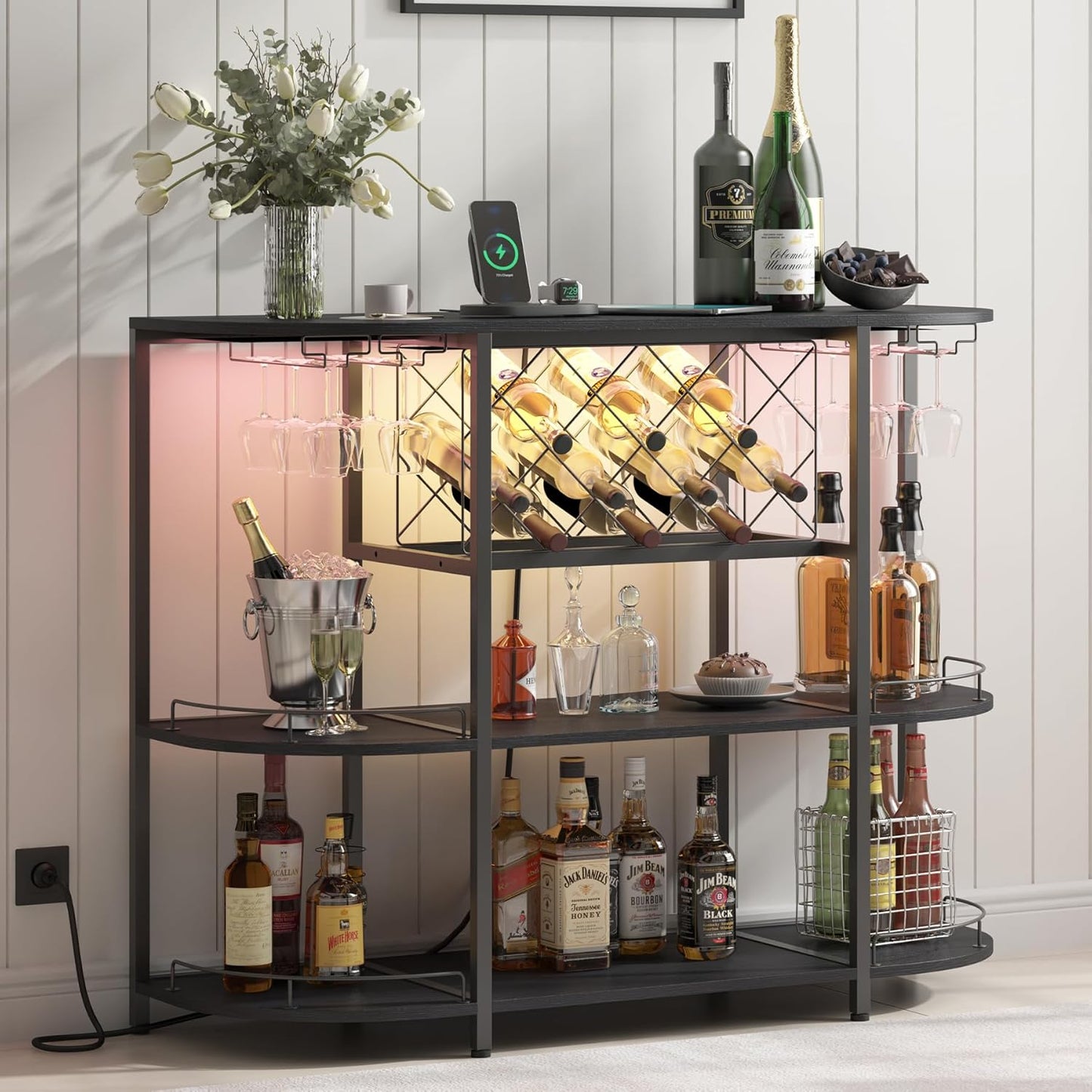 Wine Cabinet Coffee Table with Power Socket and LED Light, Three Tiers Coffee Bar Table Wine Rack Liqour Bar with Large Storage for Home Kitchen (Black)