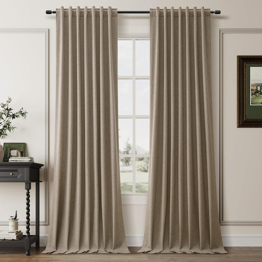 BOODII Full Blackout Curtains 90 Inches Long Room Darkening Curtain for Bedroom Sliding Door Thermal Insulated Black Out Curtains & Drapes Matcha Brown Neutral Linen 2 Panels Set Back Tab 52x90