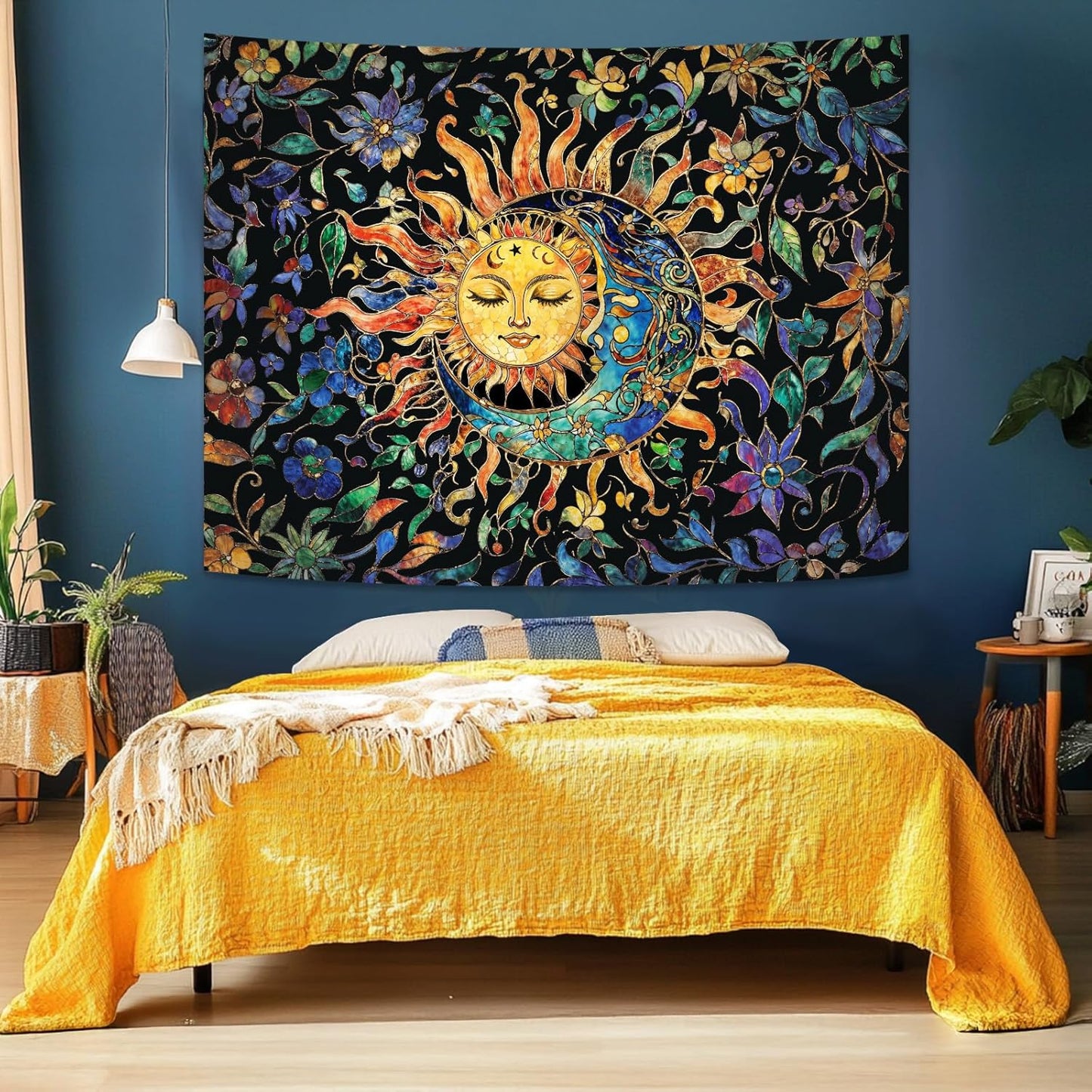 Aipon Sun and Moon Tapestry for Bedroom Boho Hippie Floral Wall Tapestry Aesthetic Vintage Stained Glass Plant Large Tapestries Wall Hanging for Living Room Dorm 80 x 60 Inch