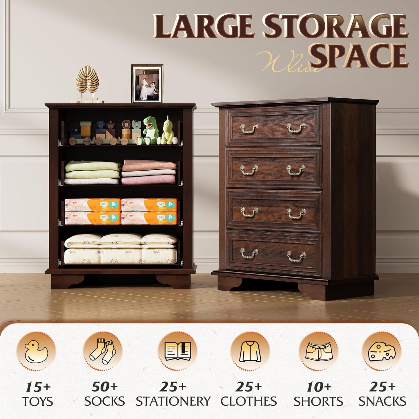 WLIVE Farmhouse Dresser for Bedroom, Tall Wood Dresser with 4 Drawers, Chest of Drawers with Roman Metal Handle for Living Room, Hallway, Closet, Rustic Brown