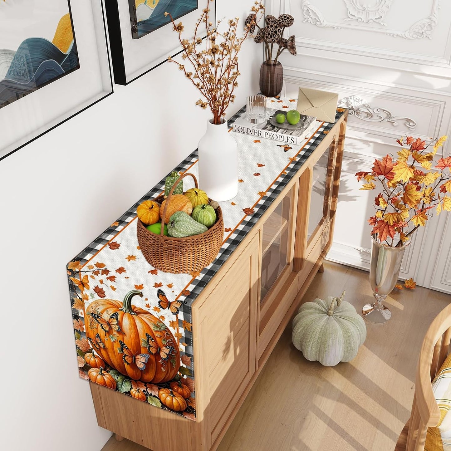 Linen Black and White Buffalo Check Plaid Fall Table Runner 60 Inches Long, Fall Leaves Pumpkin Butterfly Home Kitchen Table Decor, Farmhouse Autumn Thanksgiving Harvest Festival Decorations for Home