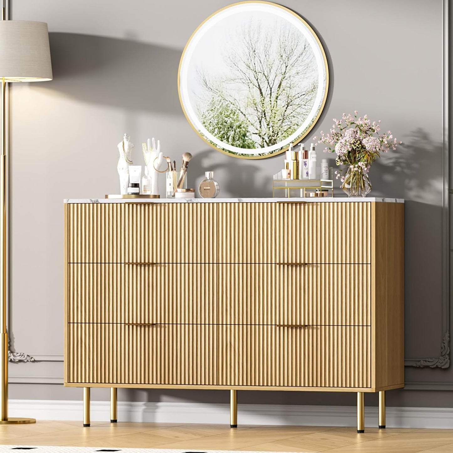 GarveeHome Fluted 6 Drawers Dresser for Bedroom, Modern Chest of Drawers, Tall Brown Dresser with Faux Marble Top and Gold Handle, Wood Drawer Organizer for Bedroom, Living Room, Hallway, Entryway