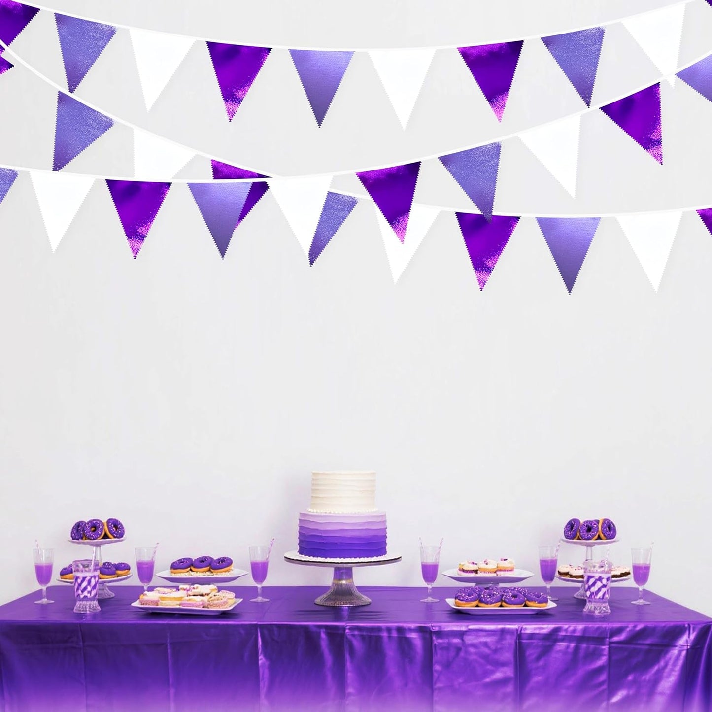 Purple and White Party Decorations Metallic Fabric Ombre Purple White Triangle Pennant Banner Flag Bunting for Graduation Birthday Engagement Wedding Bachelorette Lavender Lilac Violet Party Supplies