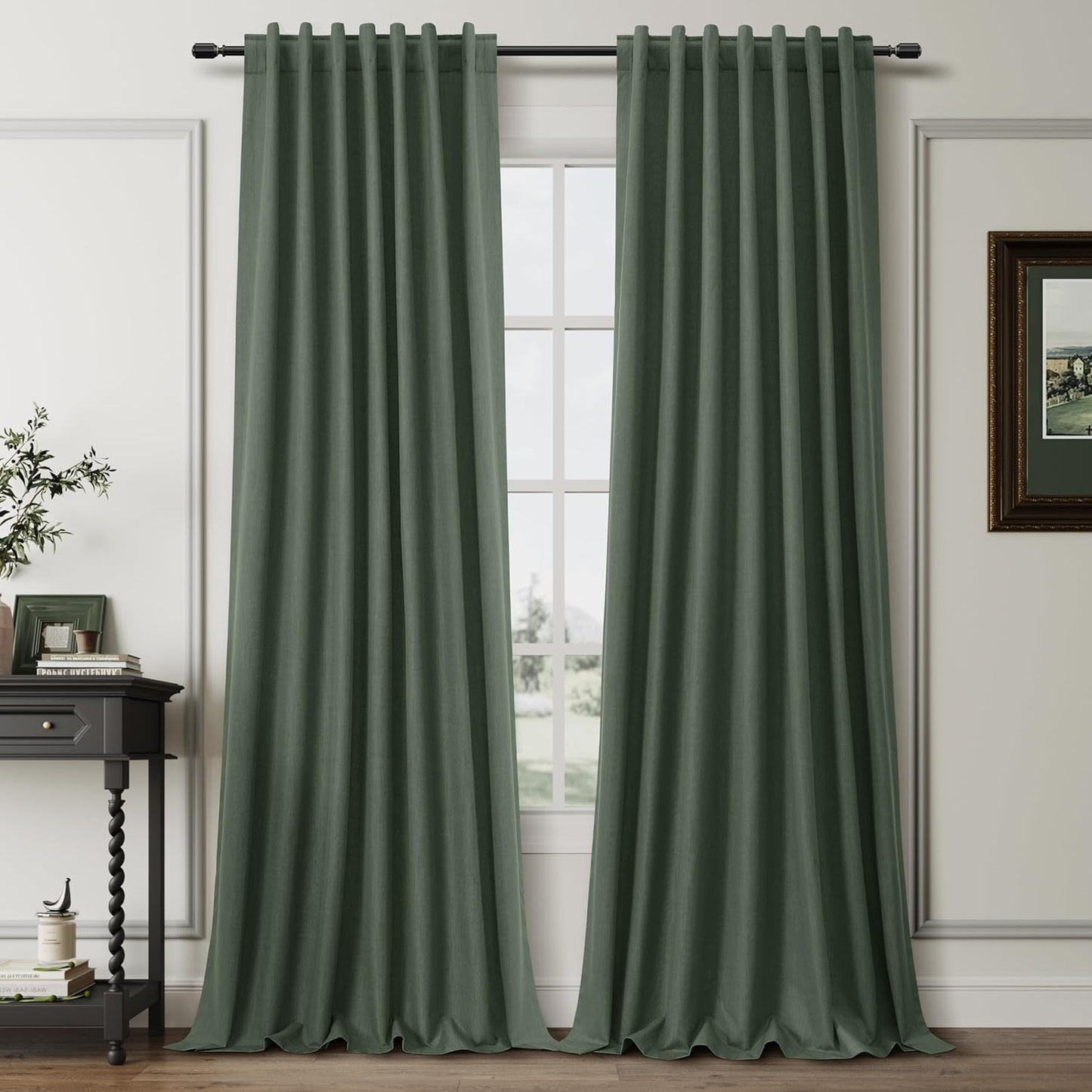 Olive Green Linen 100% Blackout Curtains for Bedroom 102 Inch Long 2 Panels Window Curtain Floor To Ceiling Length for Living Room Sliding Glass Door Back Tab Room Darkening Drapes Loden 52x102