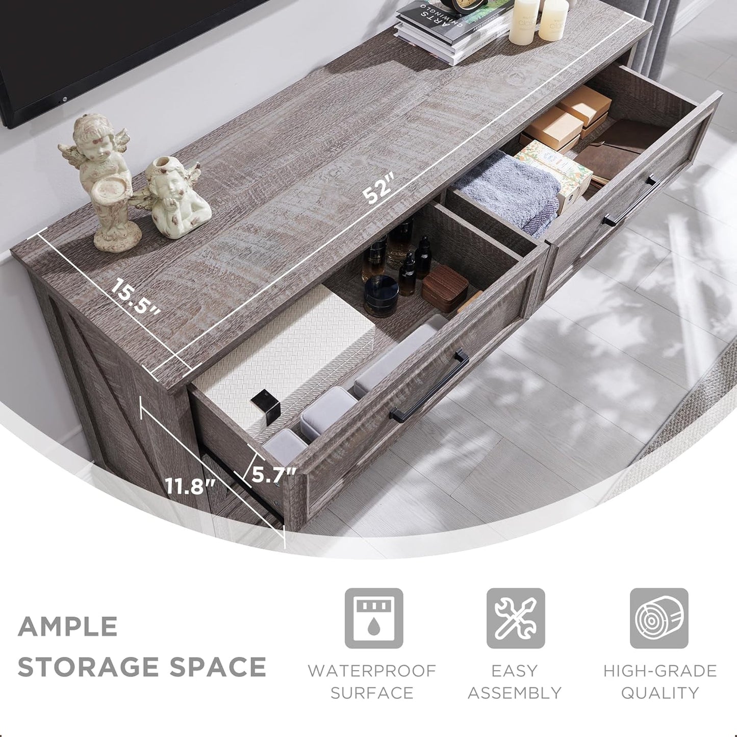 Farmhouse 6 Drawer Dresser for Bedroom, 52 Inch Wide Modern Dresser TV Stand with Large Drawers & Bar Handles, Rustic Wood Chest of Drawers for Bedroom, Living Room, Hallway, Grey