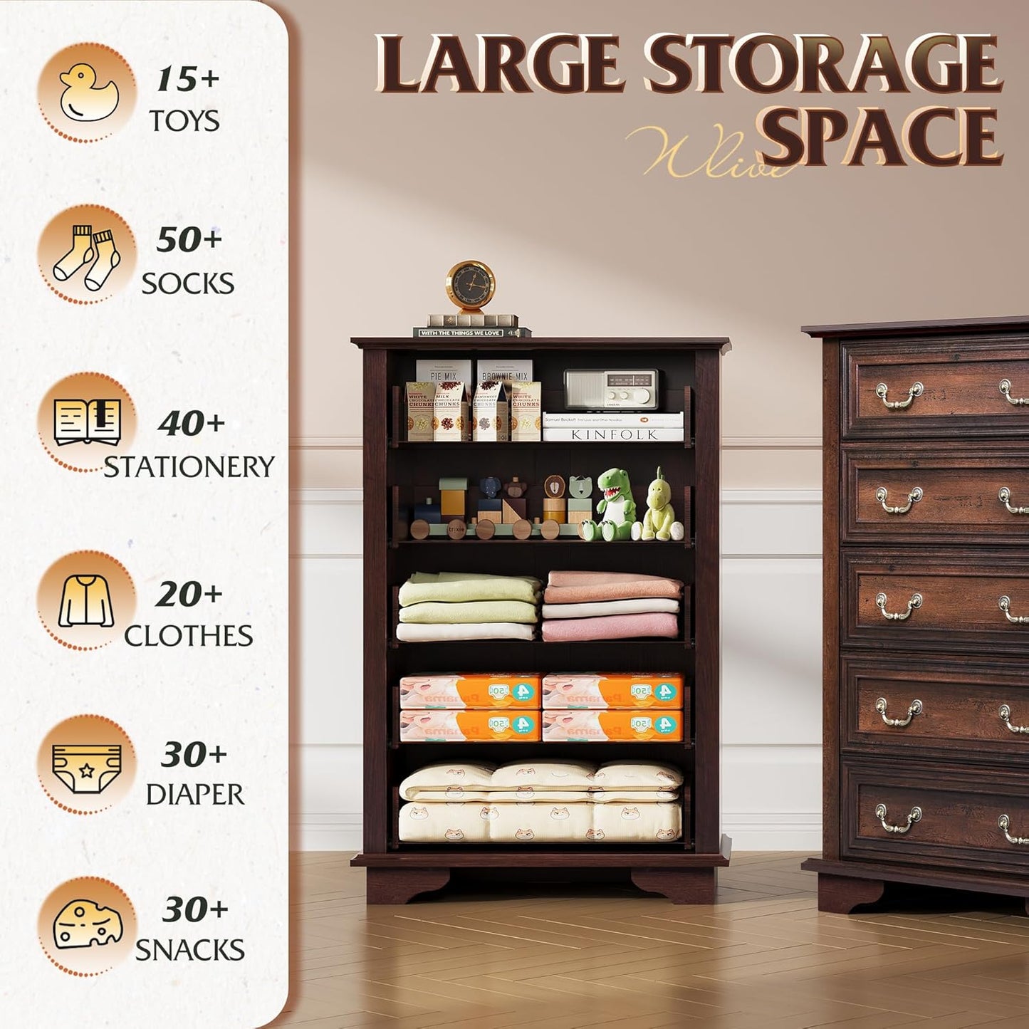 WLIVE Farmhouse Dresser for Bedroom, Tall Wood Dresser with 5 Drawer, Chest of Drawers with Roman Metal Handle for Living Room, Hallway, Closet, Brown