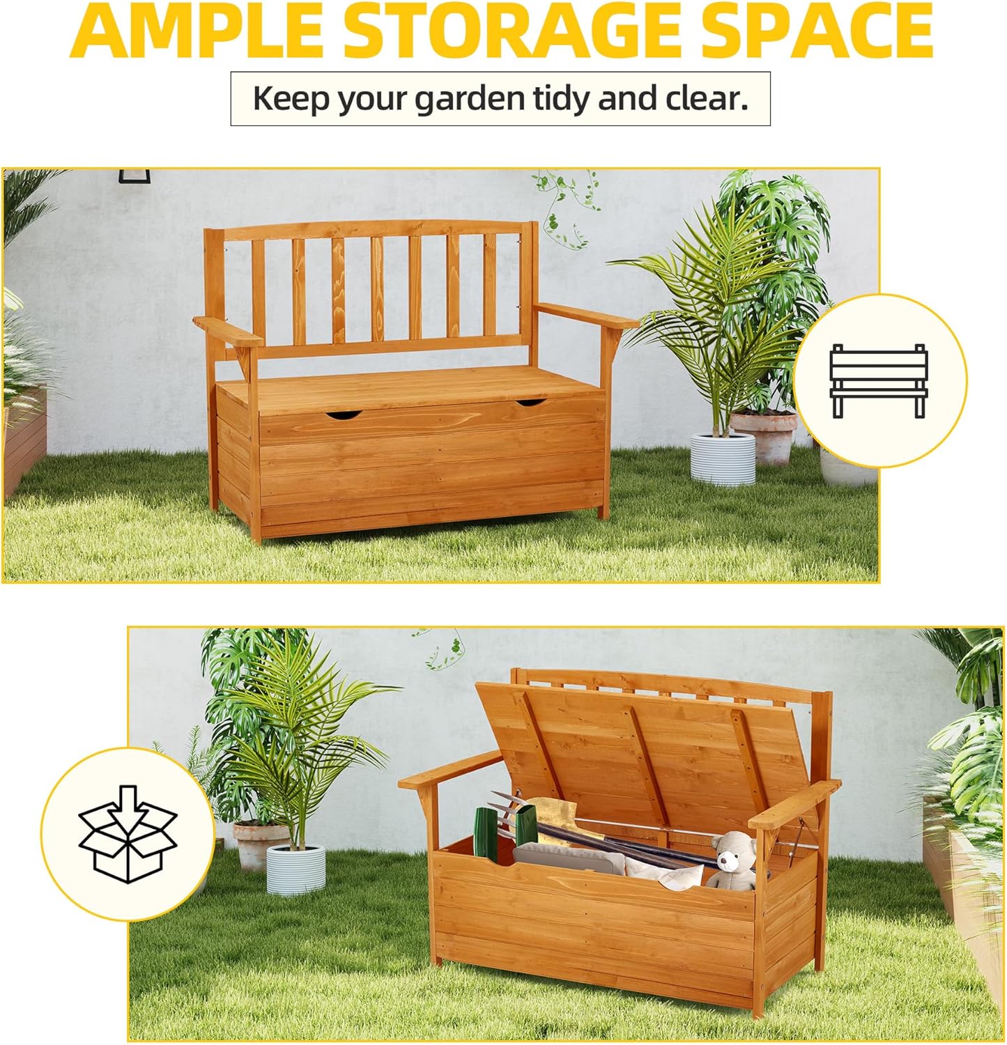 AVAWING Outdoor Storage Bench, Wooden Garden Bench Weatherproof, Patio Benches for Outside, 2-Seat Front Porch Bench, Park Bench for Deck, Lawn, Backyard (Yellow)