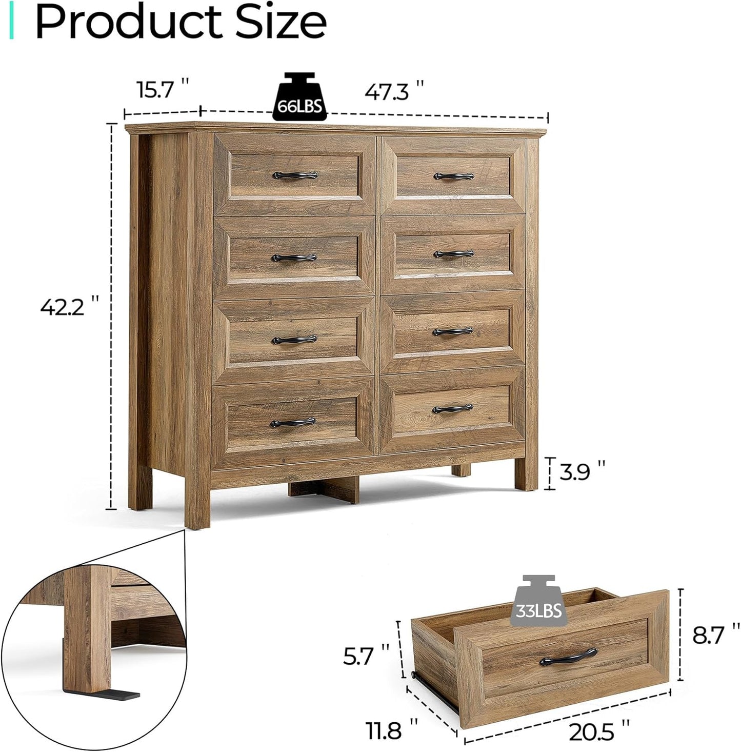 LINSY HOME Farmhouse 8 Drawers Dresser Chests for Bedroom, Wood Dresser Wide Chest of Drawers, Storage Dressers Organizer for Bedroom, Living Room,Hallway, SGS Certified