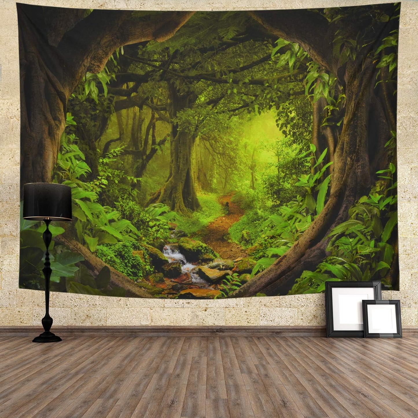 Tushelia Forest Tapestry Psychedelic Tree Cave Tapestries Fantasy Nature Landscape Backdrop Tapestries Stream Through Rainforest Jungle Tapestry Wall Haning for Bedroom Decor