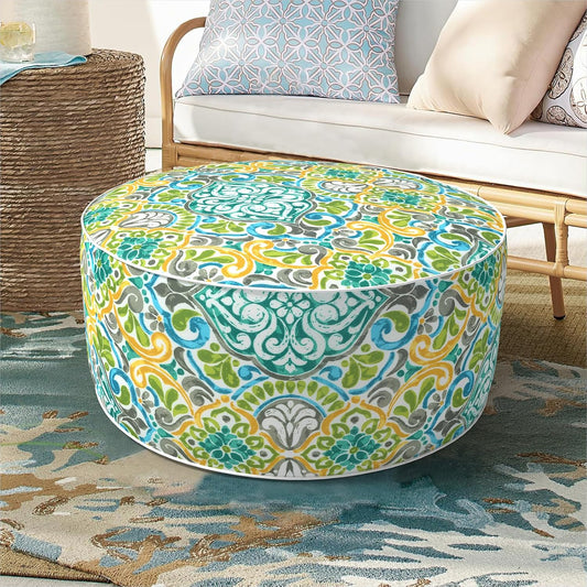 Inflatable Ottoman Stool D21 xH9 for Outdoor/Indoor Use, Water Repellent Patio Foot Rest Stool with Portable Handle,Round Pouf Ottoman Suitable for Garden,Deck and Camping - Damask Green