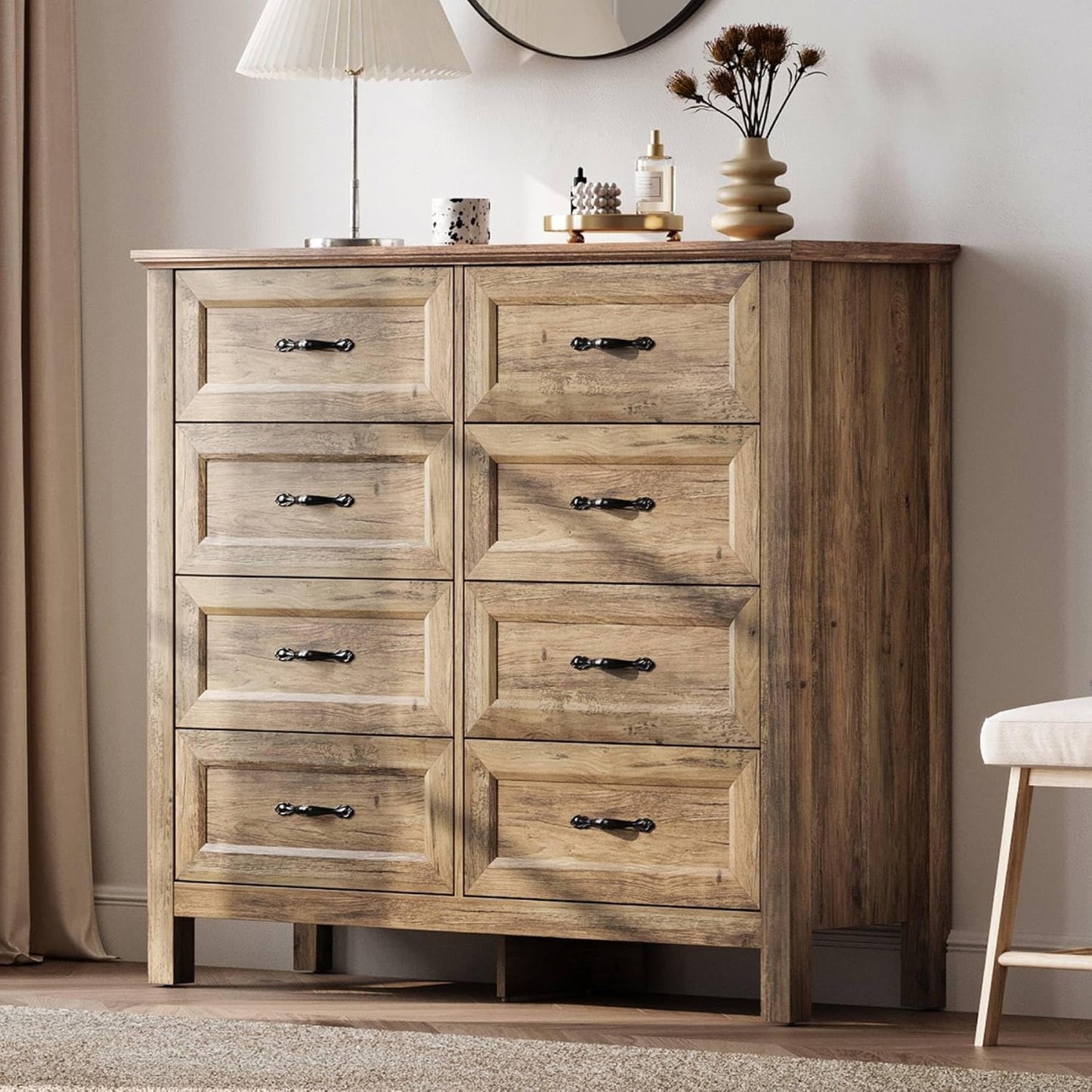 LINSY HOME Farmhouse 8 Drawers Dresser Chests for Bedroom, Wood Dresser Wide Chest of Drawers, Storage Dressers Organizer for Bedroom, Living Room,Hallway, SGS Certified