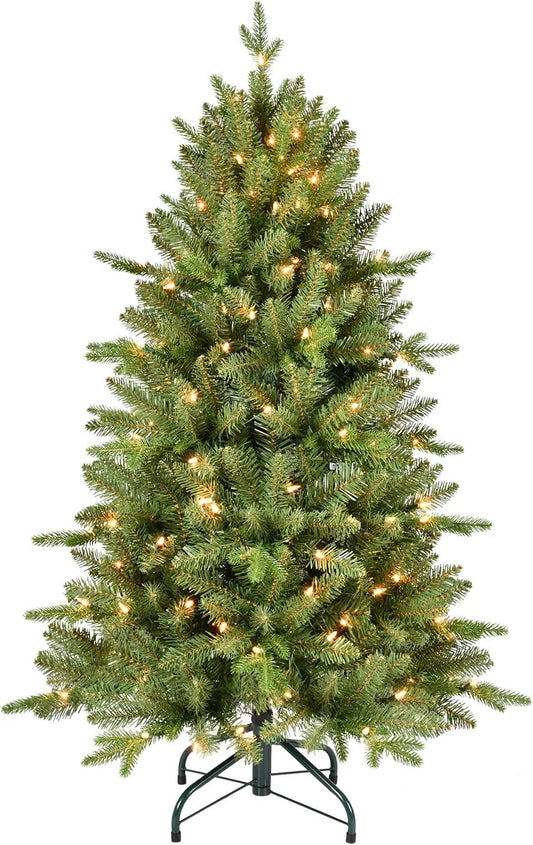 4FT Pre-Lit Artificial Christmas Tree with 628 PE&PVC Mixed Branch Tips, 200 Warm White Lights, Hinged Premium Spruce Fake Xmas Trees, Green, Foldable Base
