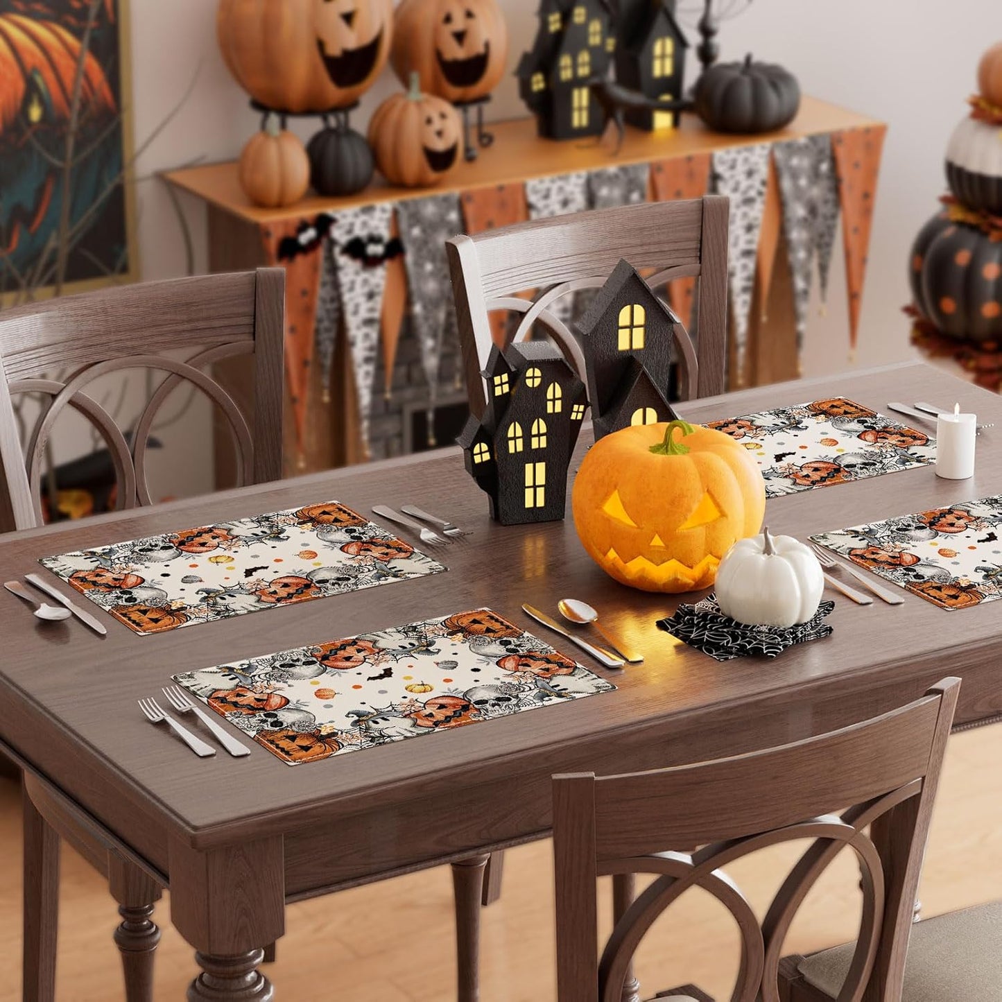 XCHI Spooky Skeleton Ghost Pumpkin Halloween Placemats Set of 4 Table Mats for Party Home Kitchen Dining Table Decorations 12x18 Inch