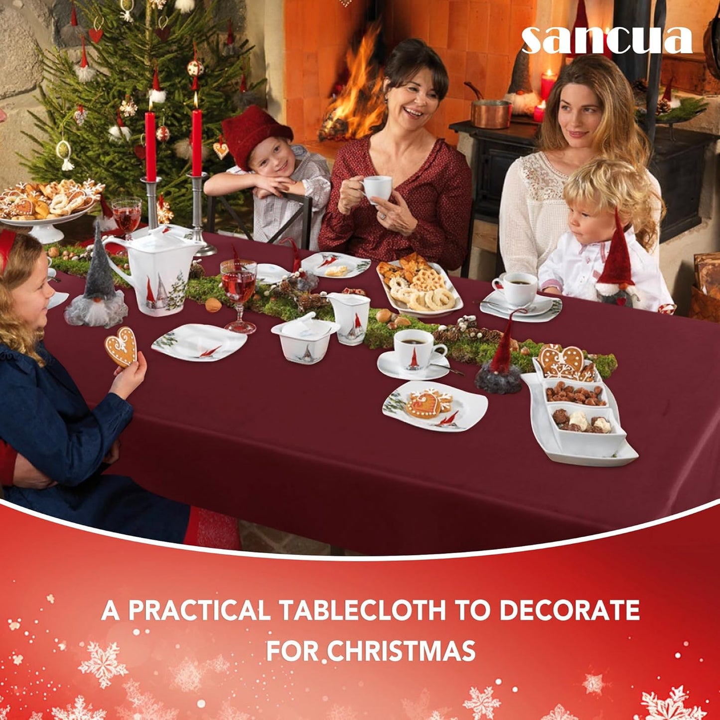 sancua Rectangle Tablecloth - 90 x 132 Inch - Stain and Wrinkle Resistant Washable Polyester Table Cloth, Decorative Fabric Table Cover for Dining Tables, Buffet Parties and Camping, Burgundy