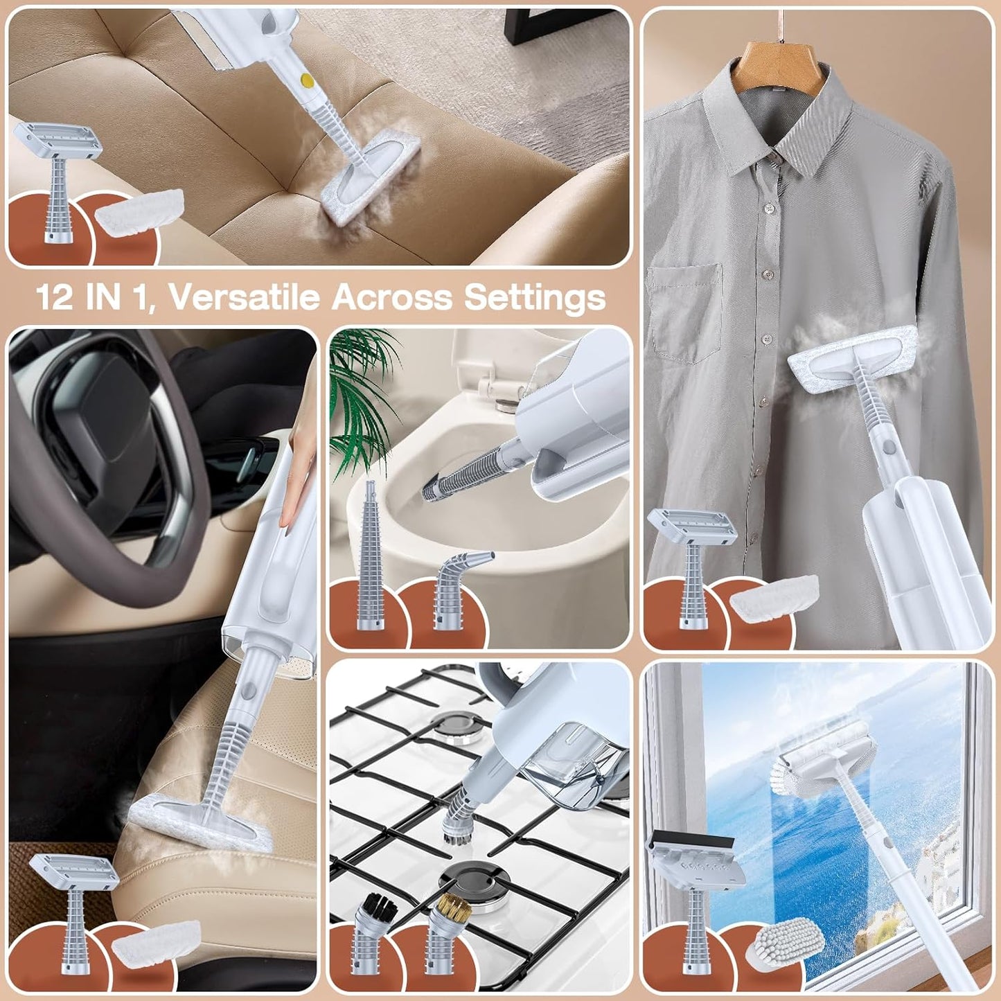 ScrubWiz Steam Mop Cleaner with Detachable Handheld Steamer, 10-in-1 Multi Accessories, Washable Microfiber Pads, 350ml and 2 Adjustable Level for Cleaning Floor, Carpet, Tile, and Grout, Light White