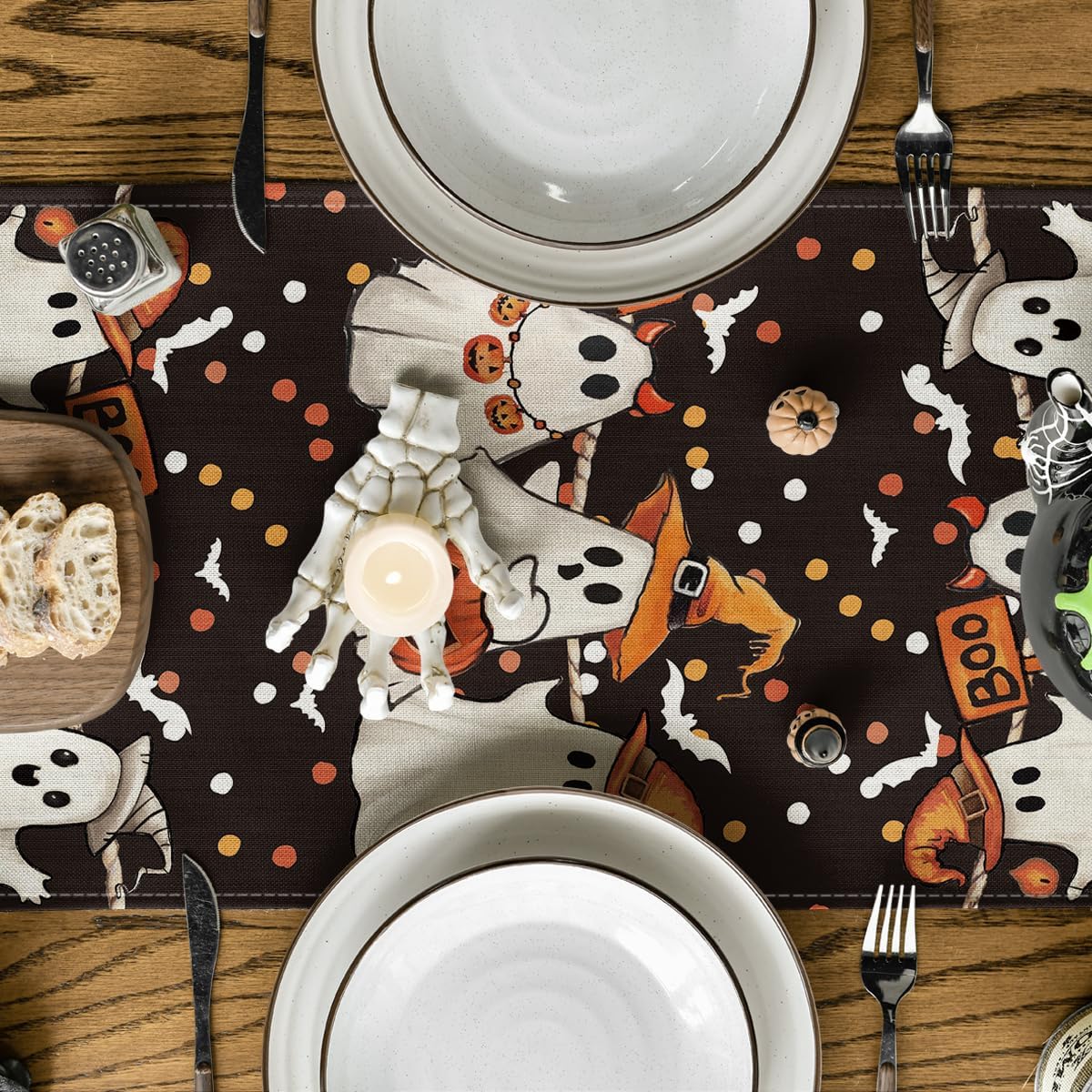 Artoid Mode Ghost Jack-O'-Lantern Black Cat Halloween Table Runner,Holiday Kitchen Dining Table Decoration for Home Party Decor 13 x 108 Inch