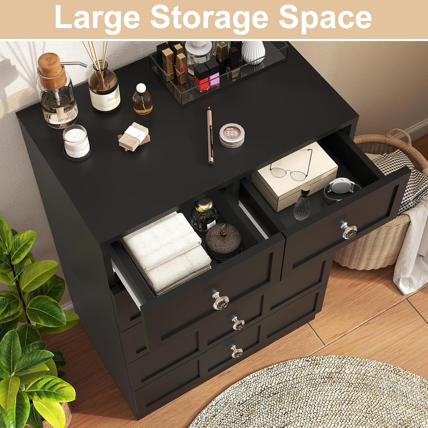 Wood Dresser for Bedroom 6 Drawer: 24" Black Chest of Drawers Wood, Modern Fluted Cabinet with Sturdy Storage, Wide Aesthetic Furniture for Room Organization