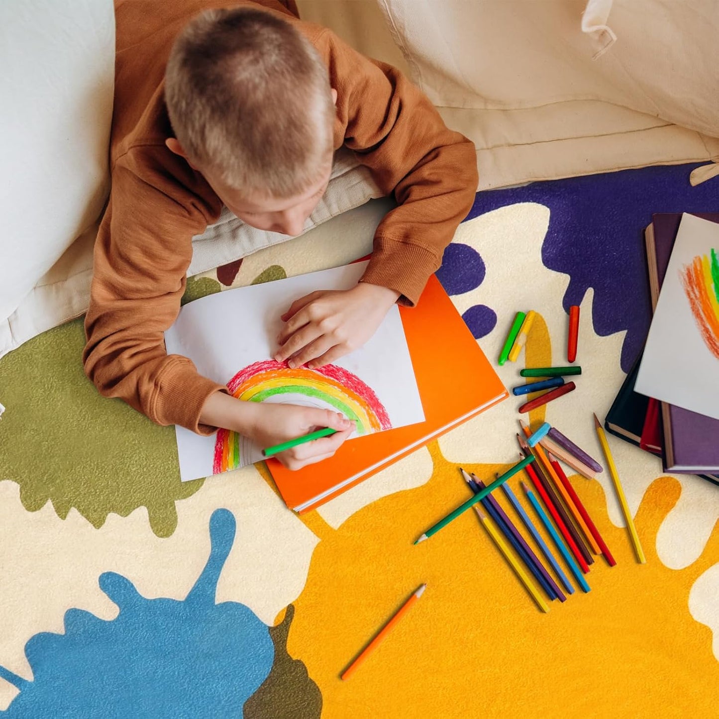 STARUIA Large Area Rug for Living Room, 8'x10' Rainbow Kids Rug for Classroom, Colorful Art Washable Rugs for Bedroom, Non-Slip Ink Splotch Nursery Rugs Soft Modern Living Room Carpet for Dorm School