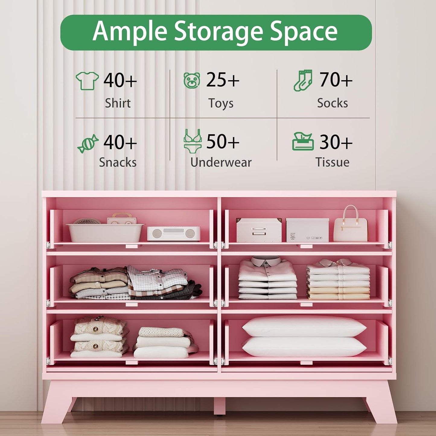 Fluted Dresser for Bedroom with 6 Drawers, 48" Wide Modern Chest of Drawers with Metal Handle, Wooden Dresser TV Stand, Wood Closet Clothes Storage Drawer Organizer for Living Room, Hallway, Pink